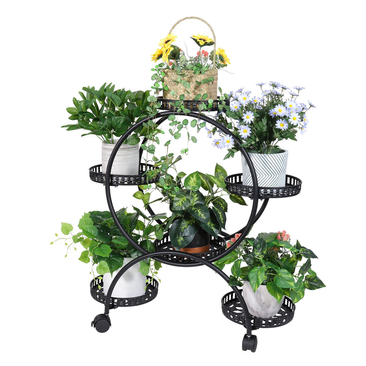 6 Pot Metal Plant Stand Multi-Layer Plant Holder Flower Pot Rack with Wheels for Garden Yard Indoor Outdoor