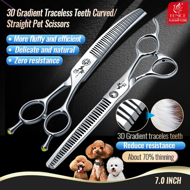 Fenice VG10 Steel 7 inch 3D Gradient Traceless Teeth Pet Scissors Dog Grooming Chunker Scissors Bearing Screws Thinning 70%