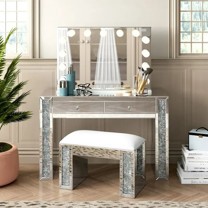 Dressing Makeup Table / Stool Mirrored Makeup Station Vanity Set with Mirror