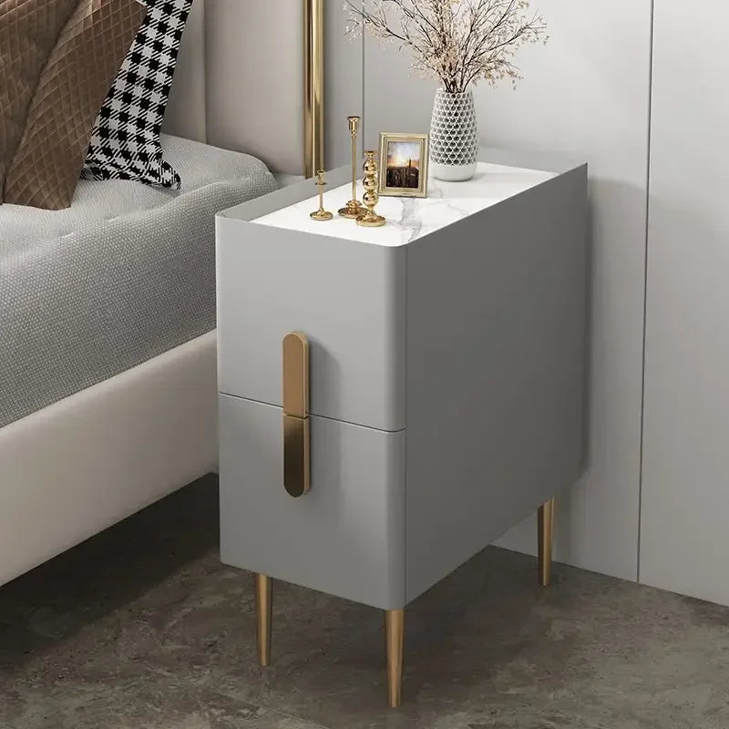 Nordic Style  Bedside Table Modern Mini Narrow Rock Surface Nightstand Self-Contained 2 Drawers Wooden Bedroom Tables