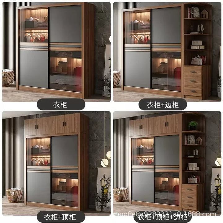 Simple Modern Organizer Wardrobe Clothes Wooden Bedroom Nordic Wardrobe Glass Sliding Door Hanger Rail Ropero Household Items