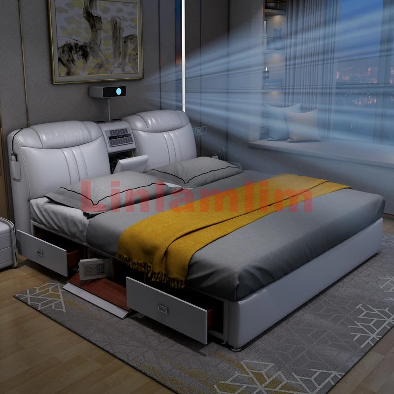 MANBAS Tech-Smart Multifunctional Bed Genuine Leather Ultimate Camas Tatami Lit with Massage, Projector, Air Purifier,Speaker