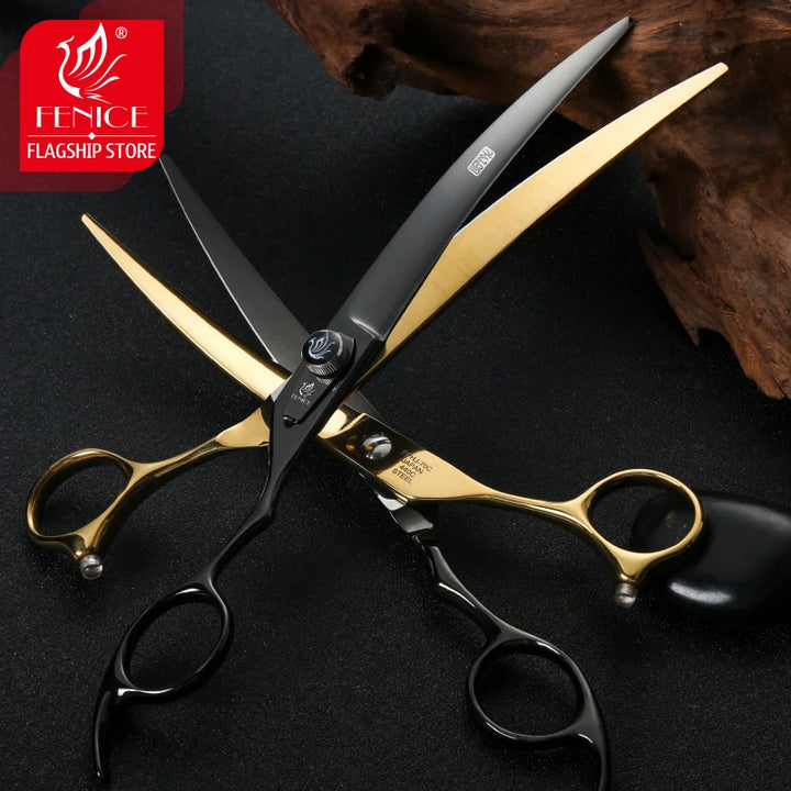 Fenice Pet Professional Dog Grooming Scissors Cutting Curved Thinning Shear Set Japan 440C Scissor Kit for Animal Beauticians