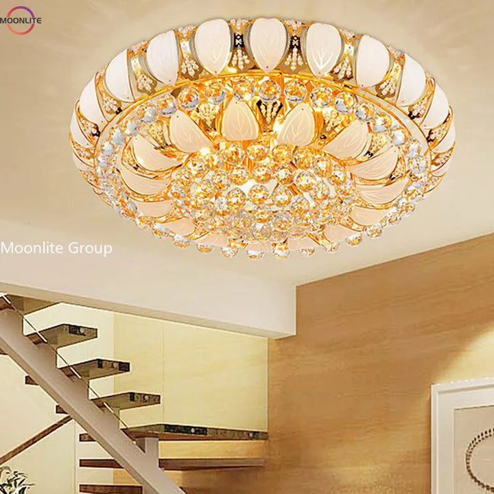 Luxury Gold Large Ceiling Light K9 Shining Dazzling Crystal Ceiling Light Living Room Lotus Shape Golden Home Light Decoration