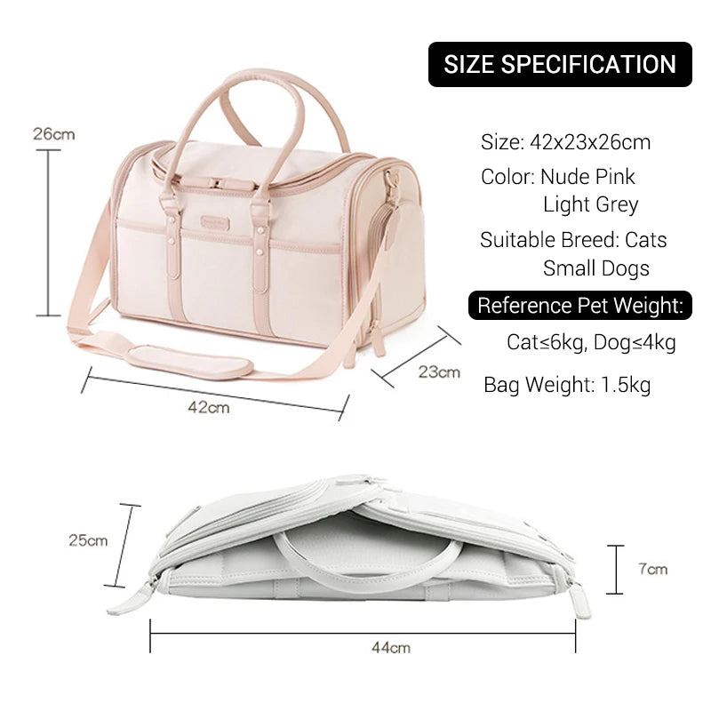 Luxury Pet Carrier Bag for Small Dogs Nude Pink Portable Dog Travel Bag Breathable Anti-Scratch Oxofrd Pet Handbag Tote Foldable