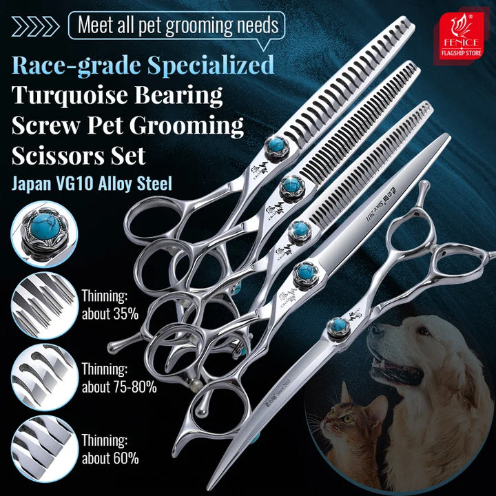 Fenice Race-grade Specialized VG10 Turquoise Bearing Screw Pet Haircut Grooming Scissors Straight/Curved/Thinner/Chunker Shears