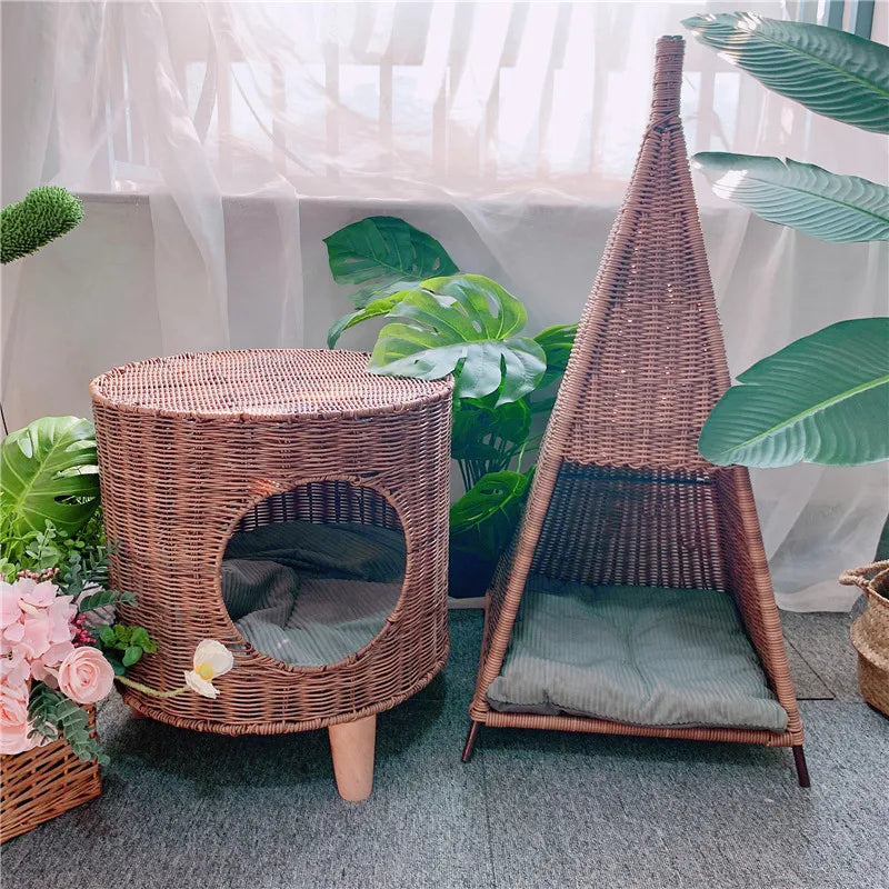 Vintage Rattan Pet Bed Plastic Pagoda Tent Cat Nest Dogs and Cats House Cylindrical Nest  Cat Scratching Post  Cat Tower