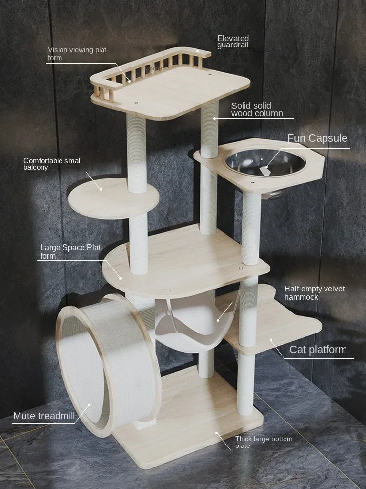 Cat Climbing Frame Cat Tree Tower Cat Running Wheel Treadmill Climbing Frame Solid Wooden Jumping Space Capsule Pet Accessories