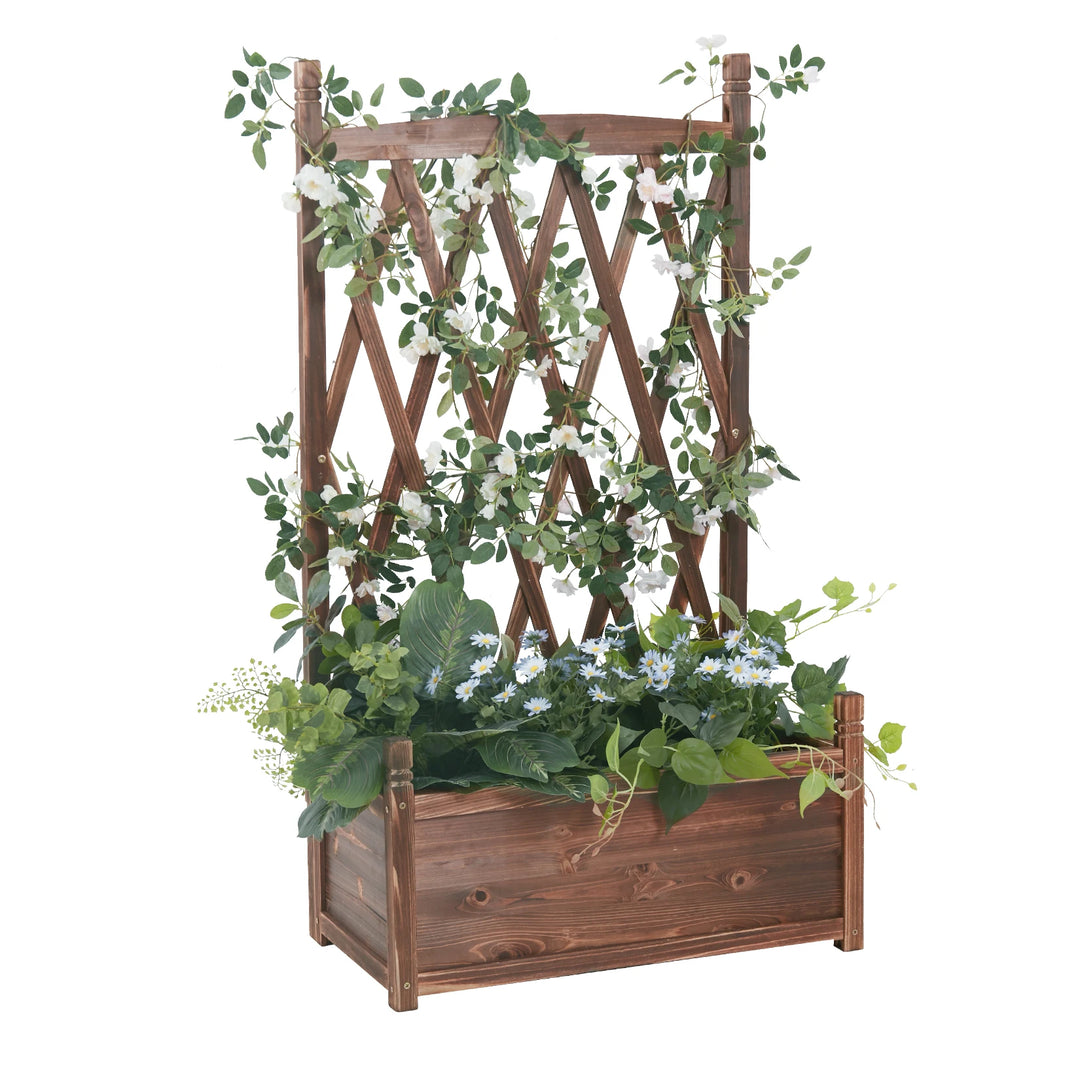 Large Wood Planter Free Standing Plant Raised Bed with Trellis for Garden Yard