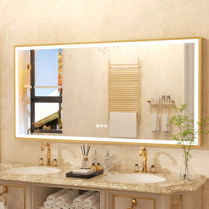 LED Bathroom Vanity Mirror Gold Frame Front Lighted Aluminum Rectangle Beveled Edge Tricolors Stepless Dimmable