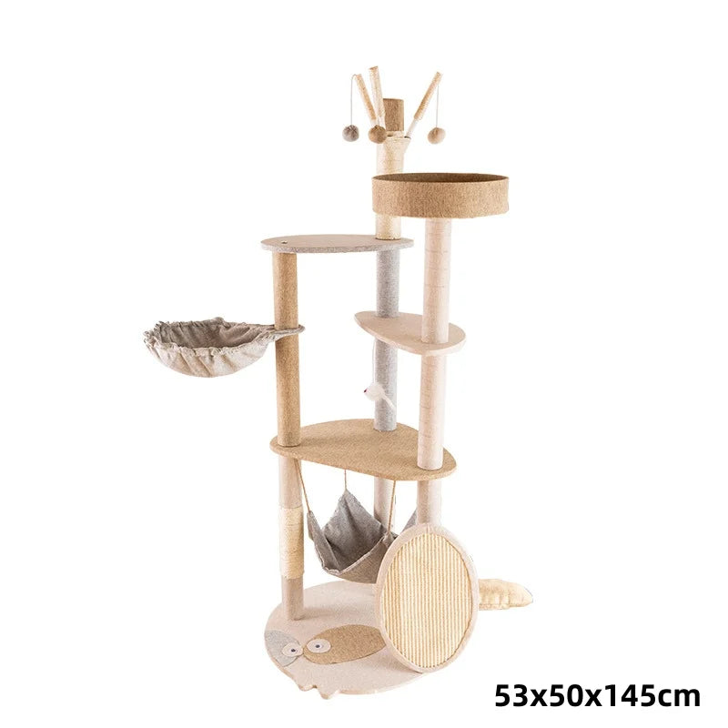 Cat Tree House Wooden Cat Towers Condo Pet Furniture Spacious Sleep Bed for Cat Hammock Sisal Scratching Posts and Cat Toy Balls