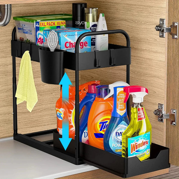 Adjustable Height Under Sink Organizer Sliding Drawer Multi-Purpose Cabinet Organizer with Basket Kitchen Under Sink Organizers