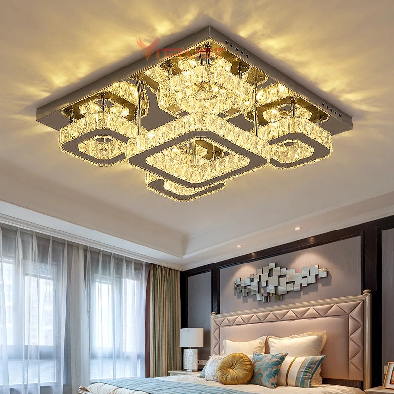 Modern Chrome LED Crystal Ceiling Lamp Luxury Square Crystal Lighting Plafonnier Chandelier Lighting Living Room Bedroom Dining