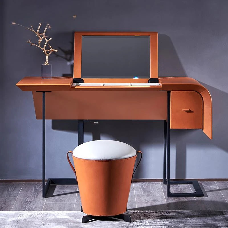 Italian Creative Dressing Table Orange Saddle Leather Flip Vanity Table With Storage Box Nordic Muebles Bedroom Furniture FGM