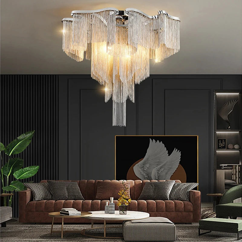 Remote Control Tassels Aluminum Chrome Dimmable Ceiling Lights Lustres Room Decor Lamps Modern Ceiling Chandelier for Bedroom