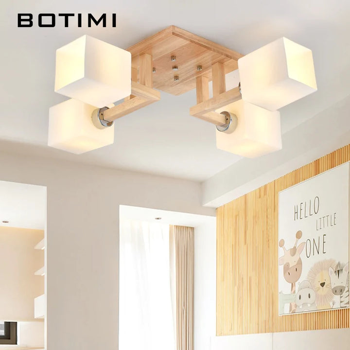 BOTIMI  Natural Wooden Ceiling Lights For Living Room Cube Glass Lampshades Ceiling Mounted Bedroom Lustres Modern Dinning Lamp