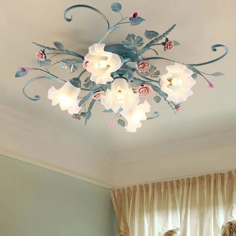 American LED Ceiling Lights Living Room Handmade Iron Rose Flower Lamp Bedroom Kitchen Lamps Korean Light Fixtures For Celling