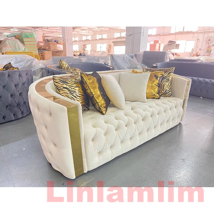 MANBAS Chesterfield Living Room Sofa Sets Italian Genuine Leather Sectional Couch with Leather Buttons, Stainless Steel Trims