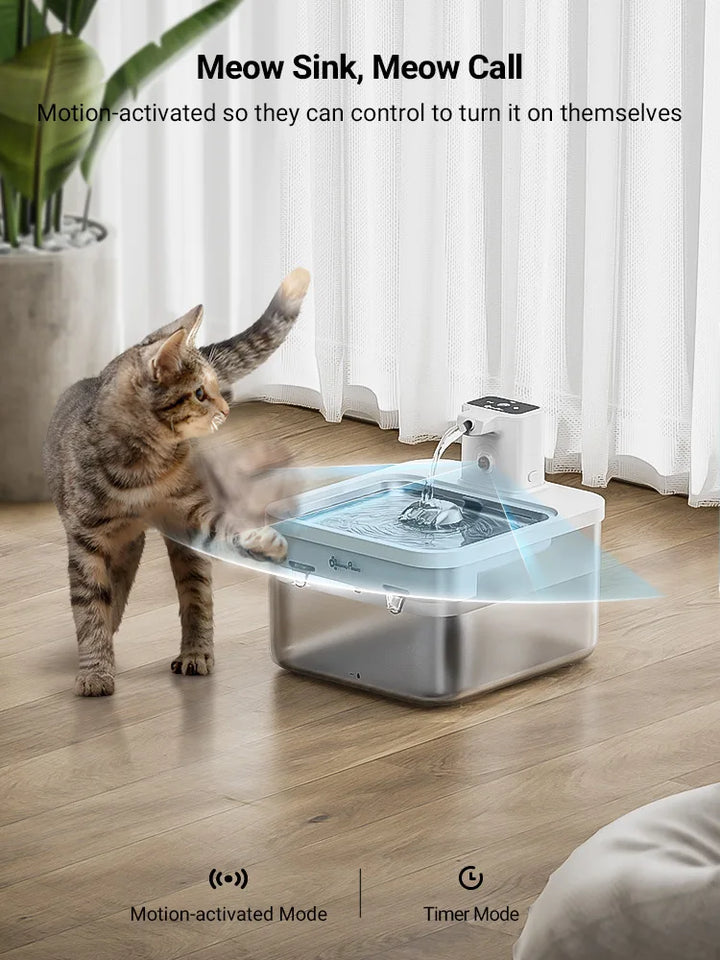 DownyPaws 2.5L Automatic Stainless Steel Cat Water Fountain 4000mAh Wireless Pet Drinker Battery & Sensor 2 in 1 Dispenser