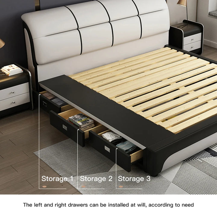 Double Bed Modern Simple Bedroom Furniture Comfortable Soft Bed High Quality Genuine Leather Villa Furniture