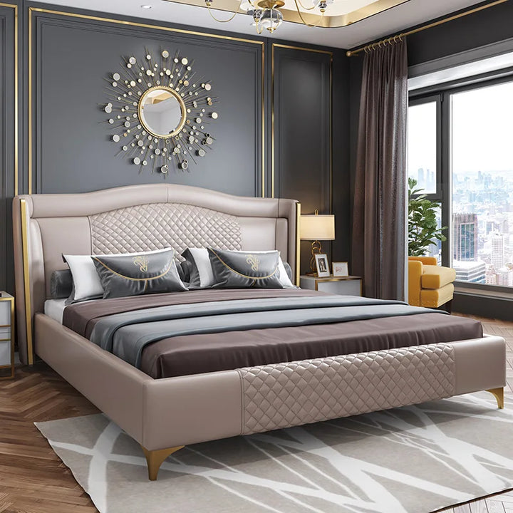 MANBAS Genuine Leather Bed Nordic Double Size Rectangle Bed Frame Nordic King/Queen Size Wedding Lits Designer Upholstered Cama