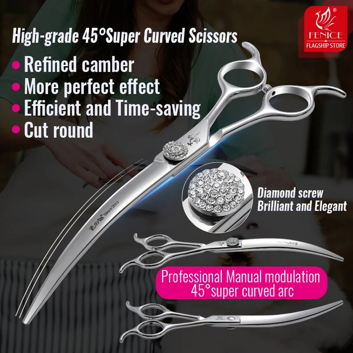 Fenice High-end 6.5/7.5 inch JP440C Bright Steel Brilliant Diamond Screw Pet Grooming Curved Scissors for Groomers