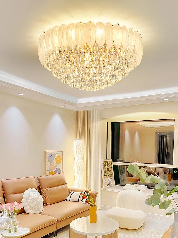 Guangdong Feather Golden Round Starry Shining Adjustable Ceiling Lamp Lighting Living Room Bedroom Lustre Luxury