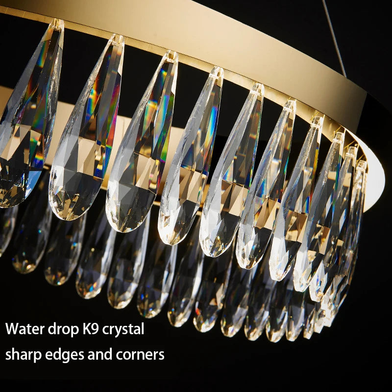 LED Modern Water Drop Crystal Stainless Steel Chandelier Lustre Golden Round Pendant Light Home Decor Hanging Lamps For Ceiling