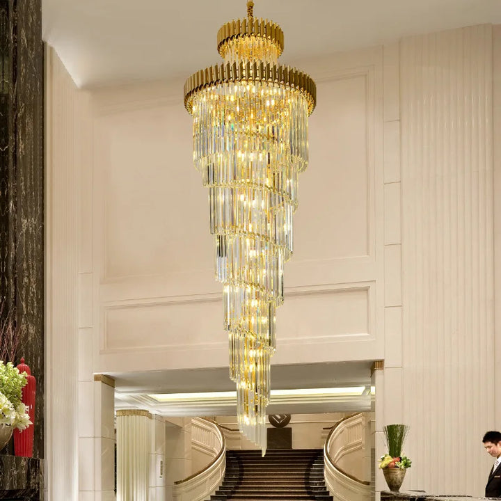 Large LED Luxury Crystal Chandeliers Long Spiral Hanging Pendant Lighting Living Room Villa Stair Suspension Gold Black Lustre