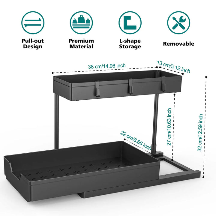 2-Tier Under Sink Organizers and Storage, Sliding L-shape Under Bathroom Kitchen Cabinet Organizers Narrow Space Sink Organizer