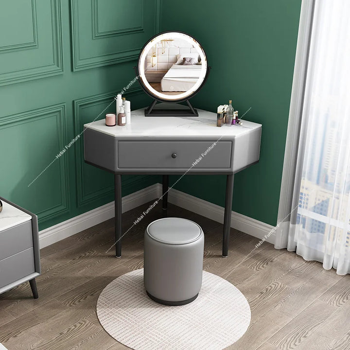 Modern Corner Makeup Vanity Table with LED Lighted Mirror 2 Drawers Wood Stool Storage Cabinet Bedroom Furniture Sets