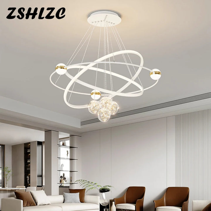 Modern Round Rings Led Chandelier Home Lighting Ceiling Mounted For Living Room Bedroom Hanging Lamp Gold&White Color Light 220V