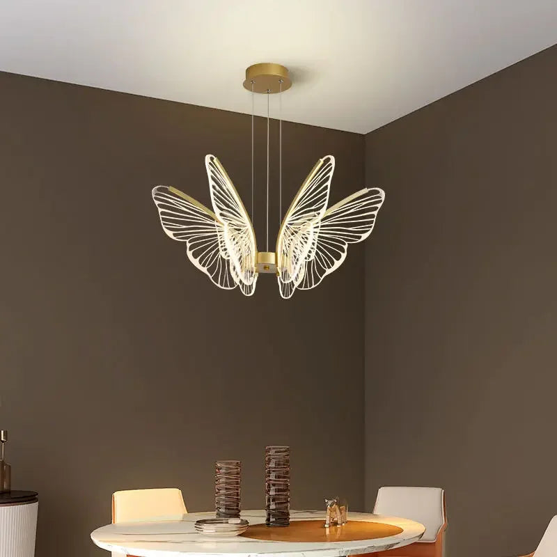 Nordic Simple Modern Butterfly Living Room LED Pendant Lamp Bedroom  Creative Golden Transparent Acrylic Wing Chandelier Light