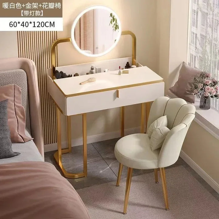 Modern Vanity Set with Lighted Mirror Stool, Large Makeup Vanity Desk Dressing Table with LED Lights, 2 Drawers, Storage Shelves