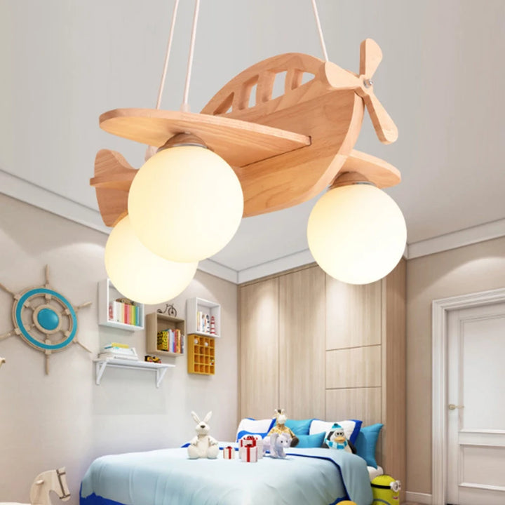 Modern LED Children Chandeliers Wooden Handmade Aircraft Hanging Pendant Lights Bedroom Boys Girls Room Decor Suspension Lamps