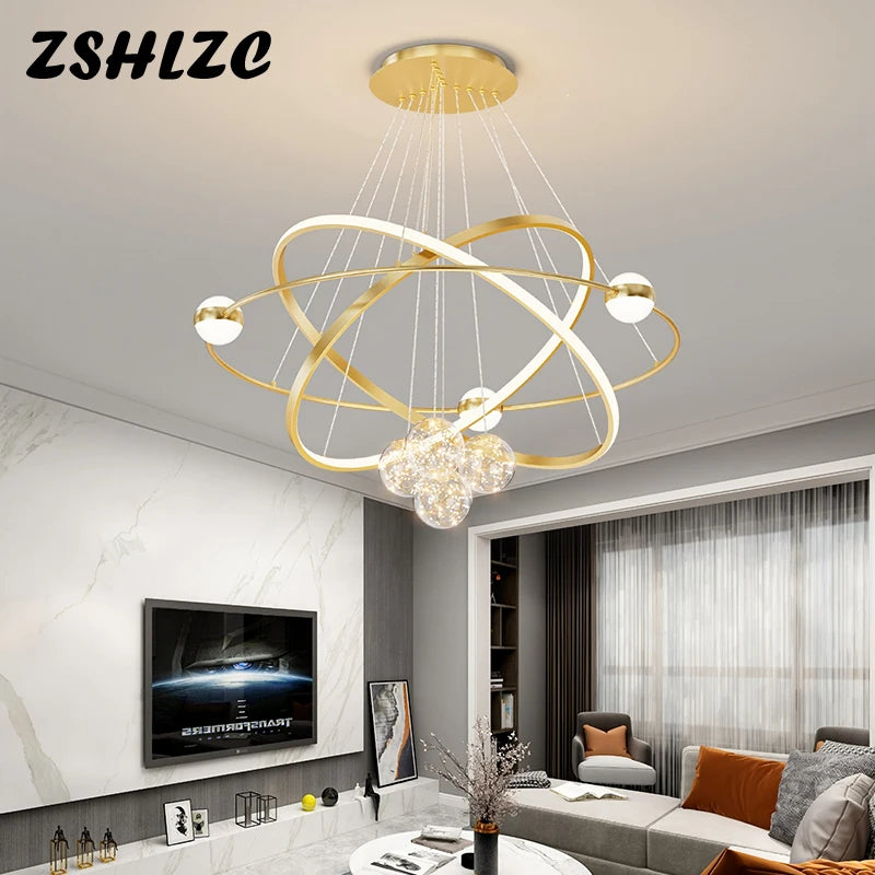 Modern Round Rings Led Chandelier Home Lighting Ceiling Mounted For Living Room Bedroom Hanging Lamp Gold&White Color Light 220V