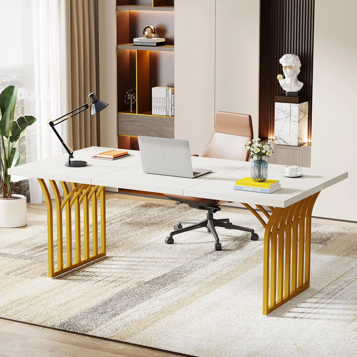 Tribesigns 63" White Office Desk, Modern Executive Desk Large Computer Desk with Gold Metal Frame, Wood Writing Desk Workstation