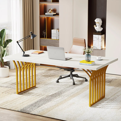 Tribesigns 63" White Office Desk, Modern Executive Desk Large Computer Desk with Gold Metal Frame, Wood Writing Desk Workstation
