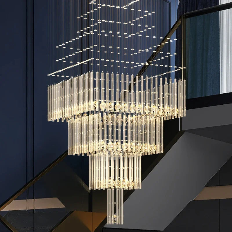 Modern Columnar Crystal Ceiling Chandelier Square Base Hanging Lamp for Living Room Light Fixture Staircase Loft Pendant Lustre