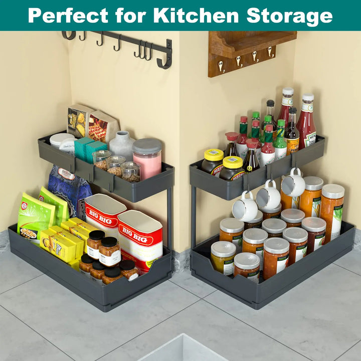 2-Tier Under Sink Organizers and Storage, Sliding L-shape Under Bathroom Kitchen Cabinet Organizers Narrow Space Sink Organizer