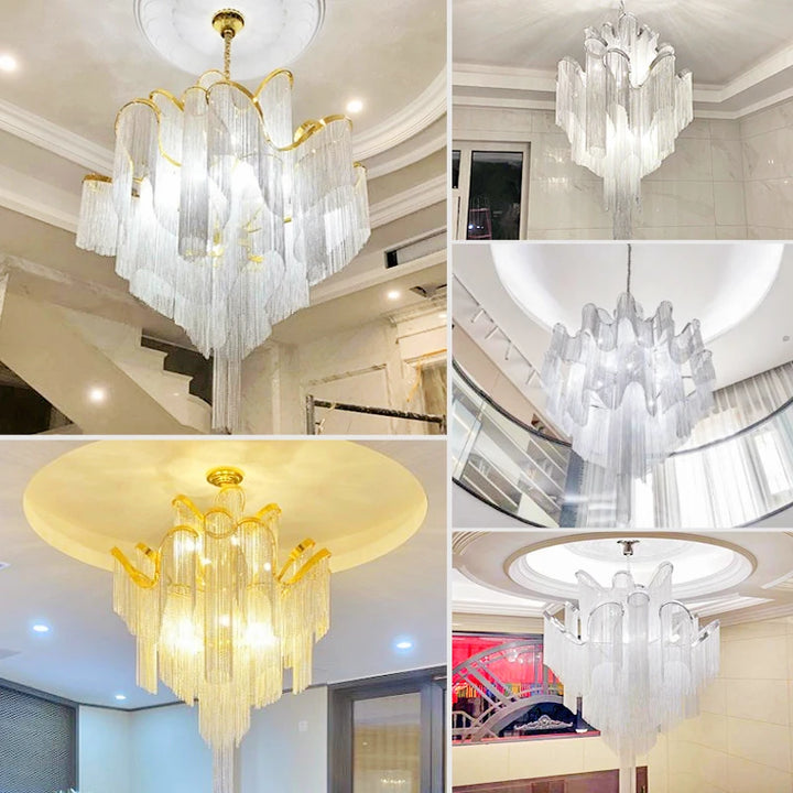 Silver Gold Luxury Chain LED Chandeliers Fringed Hanging Pendant Lights Stair Hotel Hall Lobby Decor Pendant Lamp Art Suspension