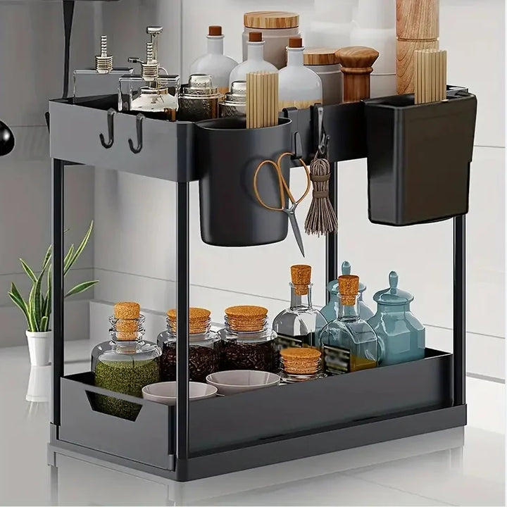 1 PC Double Layer Plastic Kitchen Shelf, Sink, Counter Top Spice Storage with Hook Hanging Box