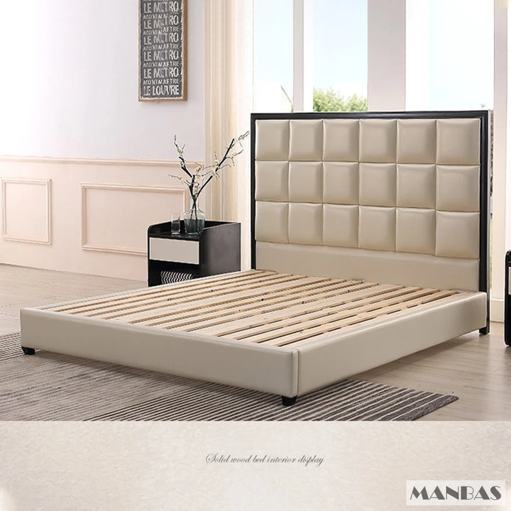 MANBAS America Genuine Leather Bed 2 People Soft Beds Frames Queen Design Double Bed King Size Lit Frame Bedroom Furniture