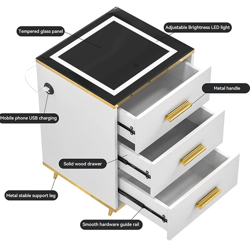 Nightstands With Socket And USB Smart Touch LED Bedside Table Living Room Lighting White Bedside Table Cabinet Table 3 Drawers