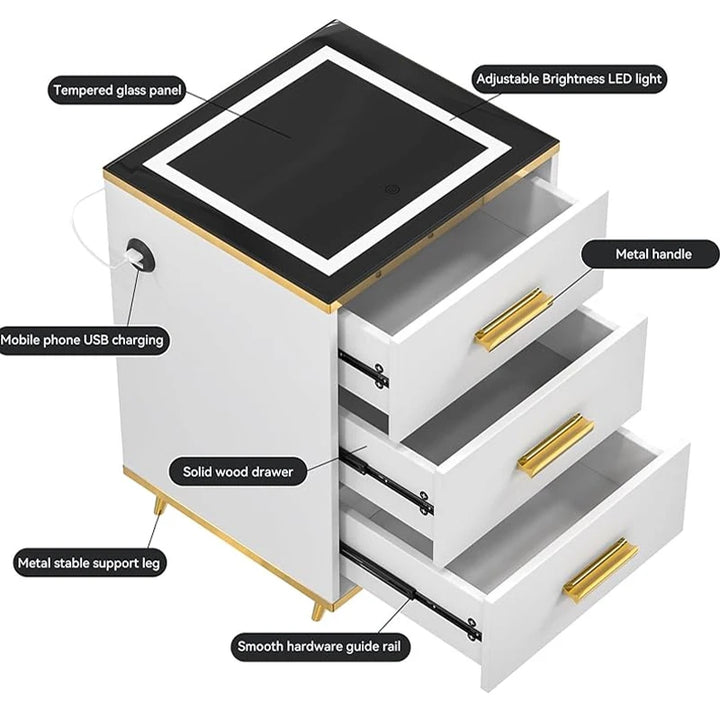 Nightstands With Socket And USB Smart Touch LED Bedside Table Living Room Lighting White Bedside Table Cabinet Table 3 Drawers