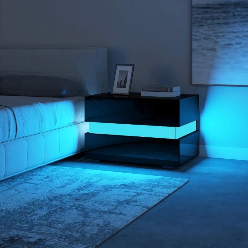 Nordic Bedside Cabinet Black Bedside Table With 2 Drawers LED High Gloss Modern Nightstands For Bedroom Living Room Furniture