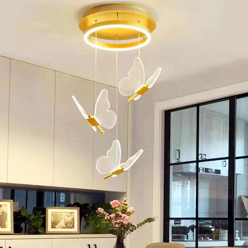 Modern LED Butterfly Pendant Light Dining Room Kitchen Restaurant Decor Hanging Chandeliers Home Bedside Light Gold Acrylic Lamp