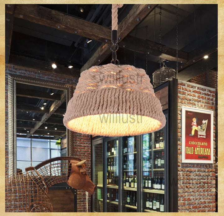 Hemp Rope Pendant Lamp American Country Style Suspension Light Loft Edison Bulb Natural Material Hanging Ceiling Chandelier