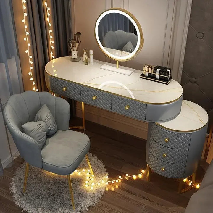 Nordic Luxury Dressers Bedroom Dressing Table Modern Retractable Table with Led Mirror Creative Storage Cabinet Vanity Furniture