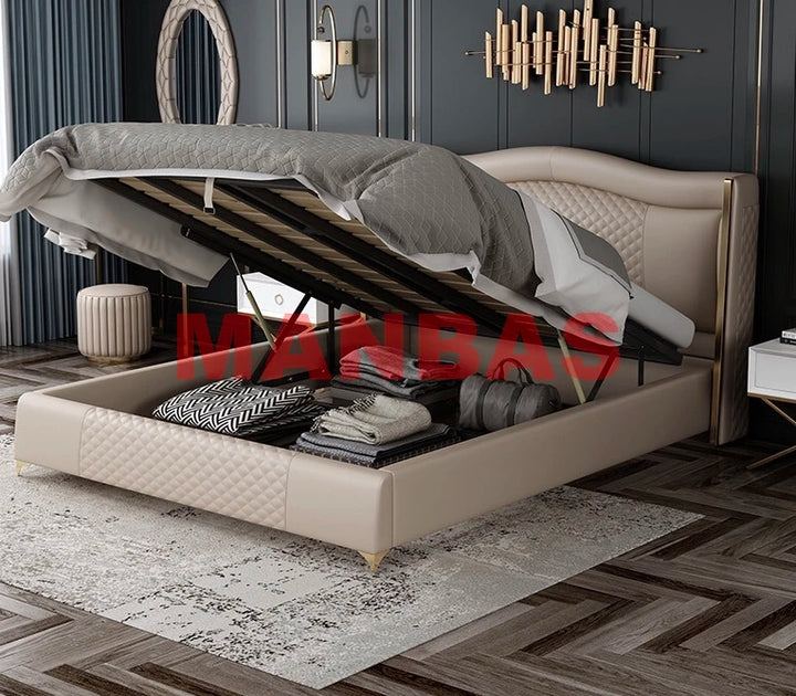 MANBAS Genuine Leather Bed Nordic Double Size Rectangle Bed Frame Nordic King/Queen Size Wedding Lits Designer Upholstered Cama